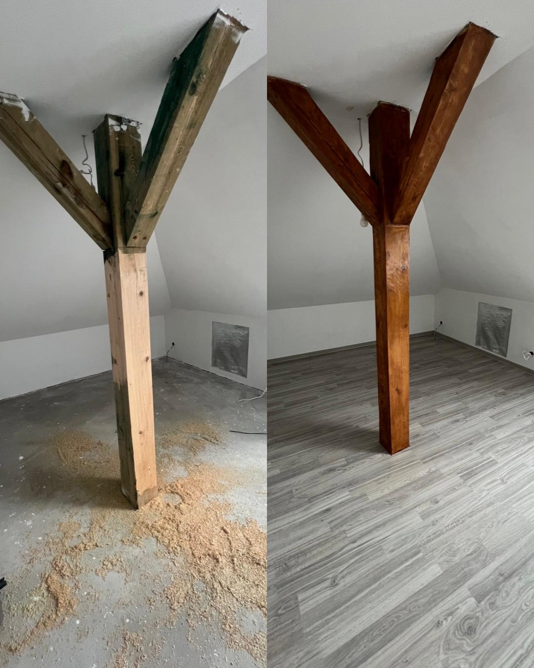 Porównanie: surowa drewniana kolumna konstrukcyjna przed i po lakierowaniu w pokoju na poddaszu z nową podłogą z paneli.