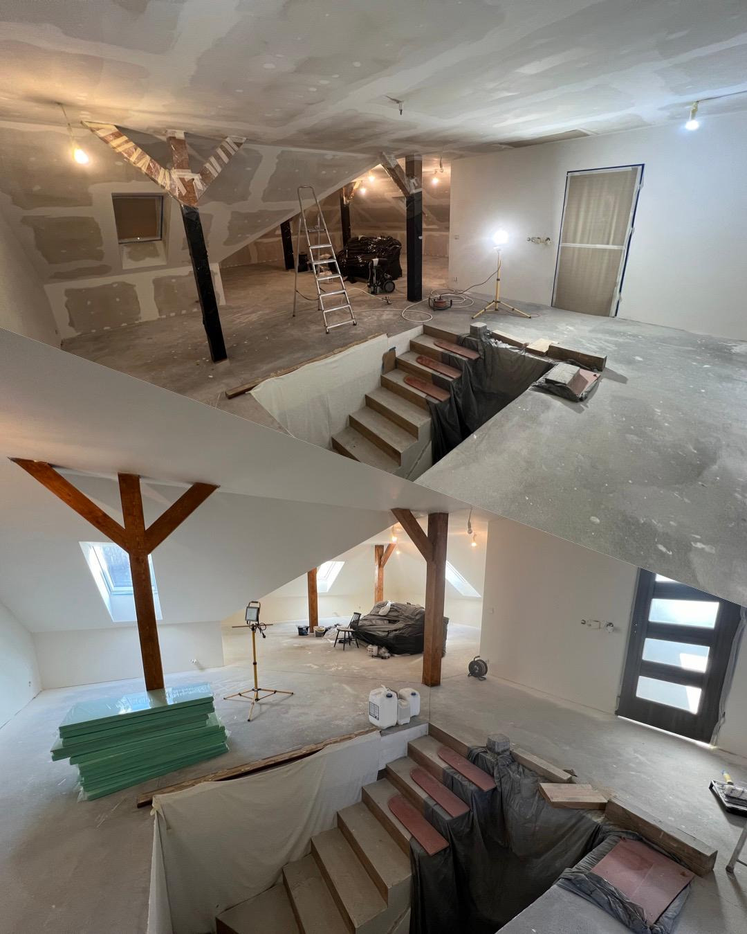 Przestronne poddasze w trakcie prac wykończeniowych: widoczne drewniane belki, schody zabezpieczone folią, materiały budowlane i oświetlenie robocze.
