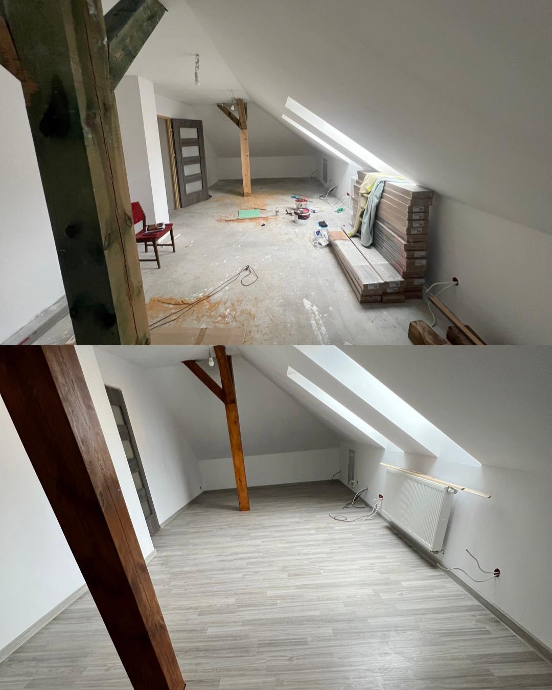 Porównanie stanu poddasza przed i po ułożeniu paneli podłogowych; widoczne drewniane belki konstrukcyjne, okna dachowe i grzejnik.