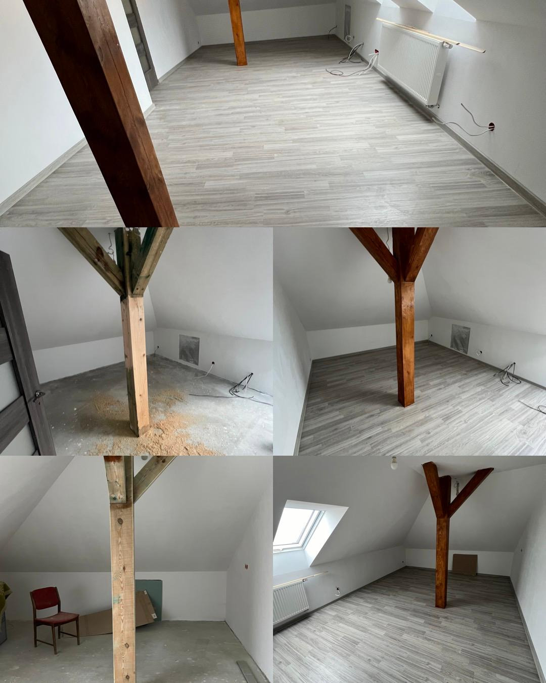 Kolaż przedstawiający poddasze w trakcie prac wykończeniowych: surowy beton, świeżo położone panele podłogowe w odcieniach szarości, drewniane belki stropowe, grzejnik i okno dachowe.