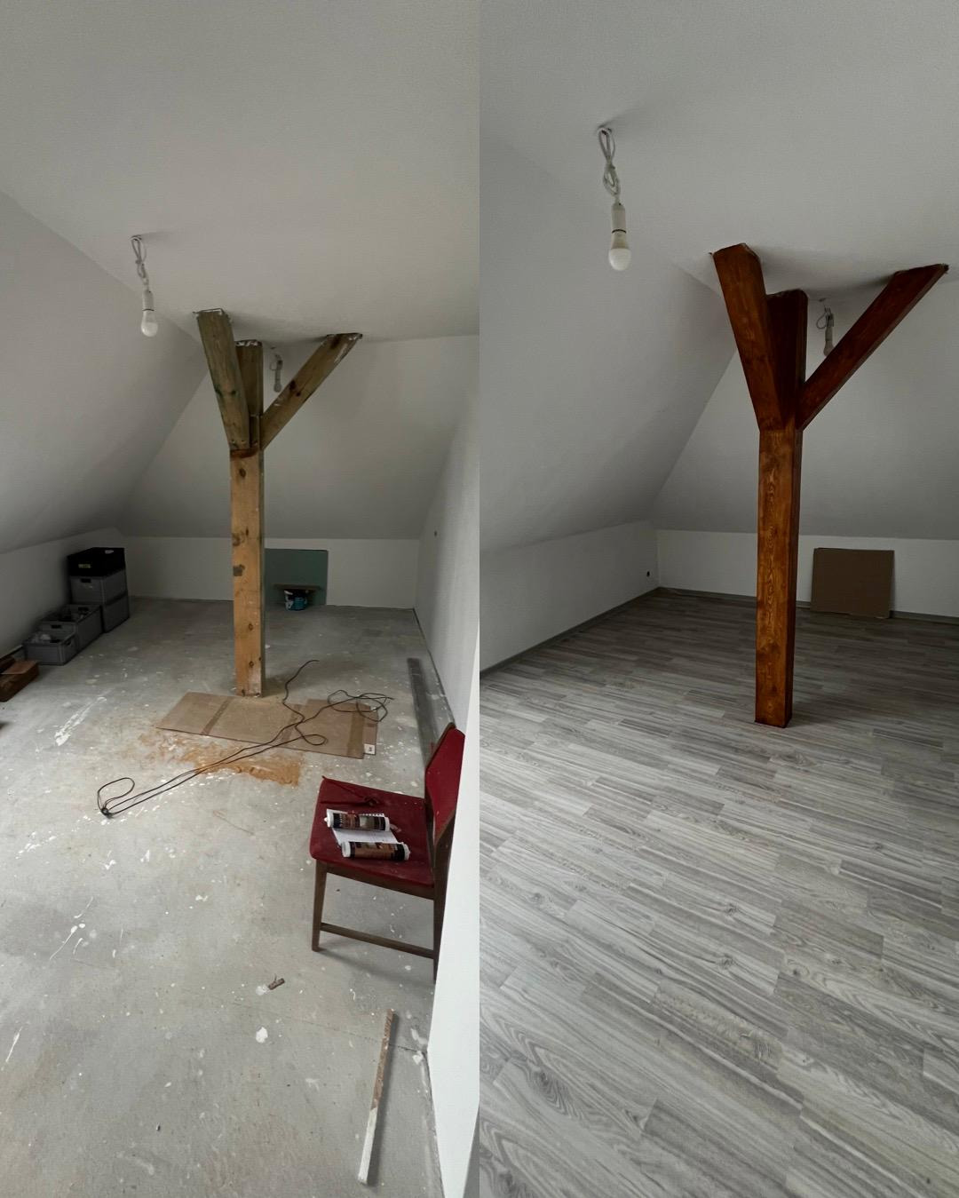 Porównanie stanu poddasza przed i po: surowy beton i drewniany słup kontra panele podłogowe imitujące drewno i lakierowany słup. Czerwone krzesło z dokumentami na poddaszu przed położeniem paneli.