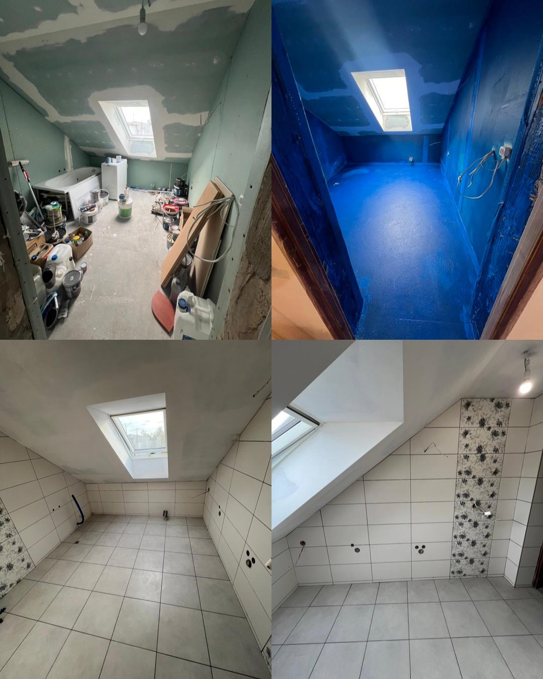 Cztery etapy adaptacji poddasza: surowy stan z oknem dachowym i przygotowaniem pod instalacje, gruntowanie na niebiesko, ułożone białe płytki ścienne i podłogowe z dekoracyjnym pasem płytek w kwiaty.