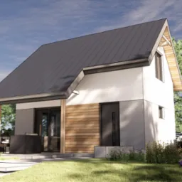 Wizualizacja nowoczesnego domu z dwuspadowym dachem, drewnianą elewacją i tarasem z meblami ogrodowymi, otoczonego zielenią i kwiatami.