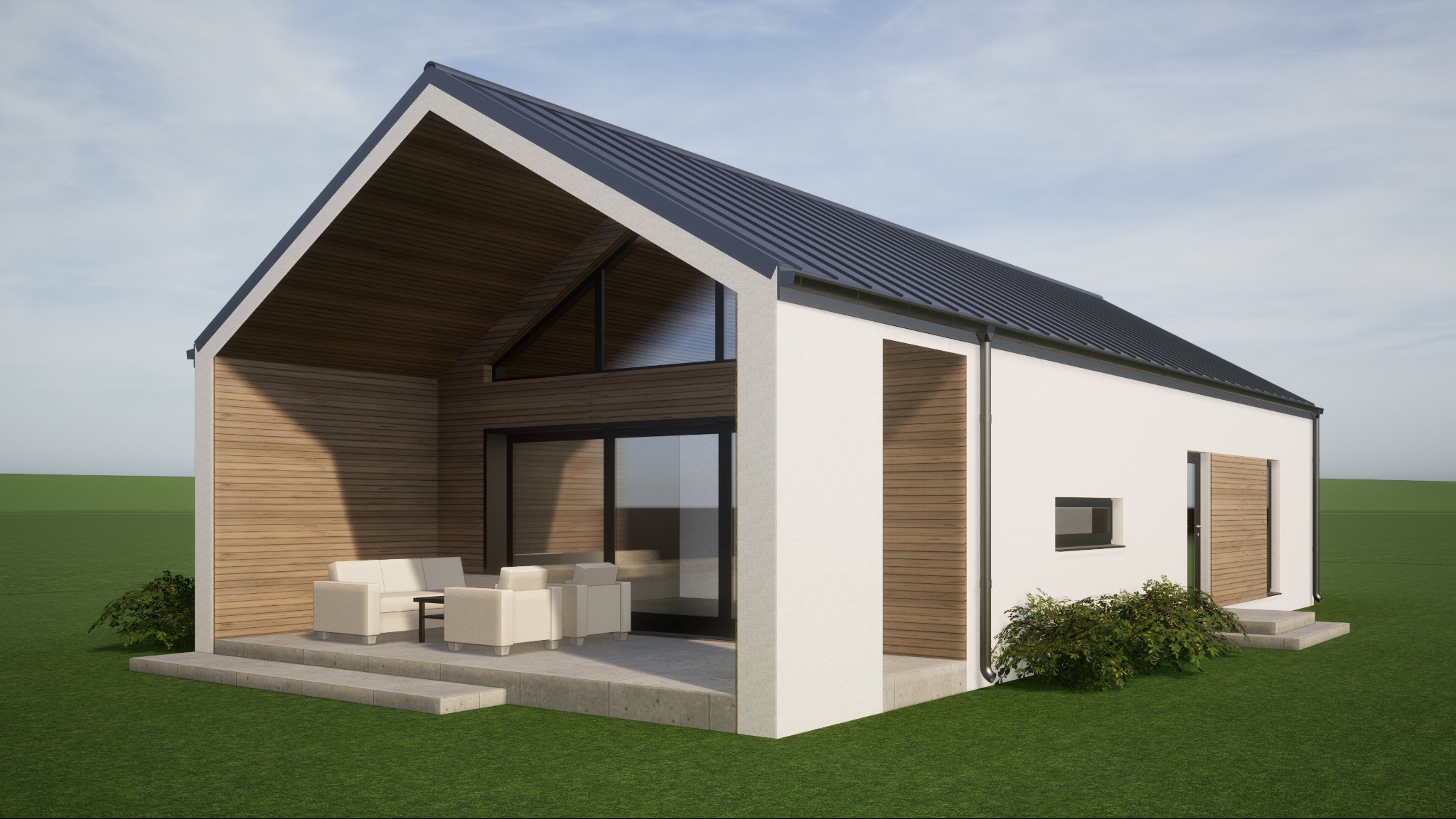 Wizualizacja nowoczesnego domu z białymi ścianami i drewnianą elewacją, z dużymi przeszkleniami i tarasem z meblami ogrodowymi, na tle zielonego trawnika i błękitnego nieba.