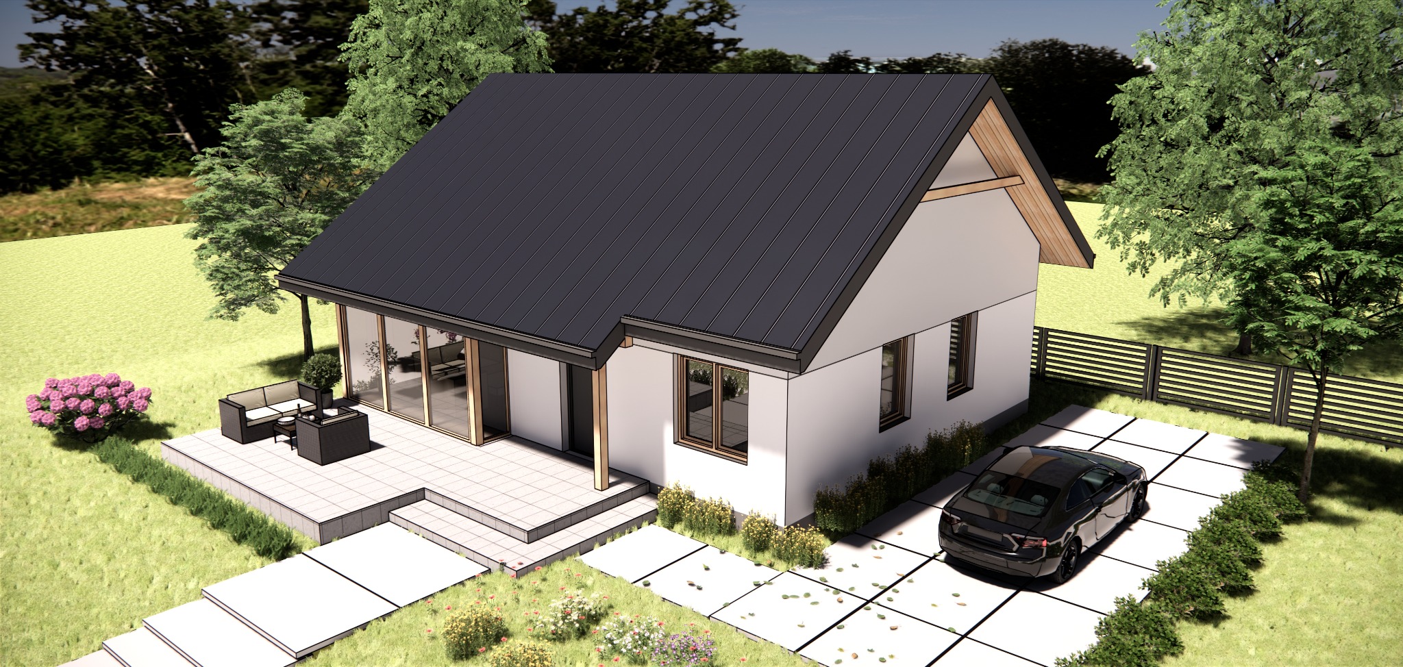 Wizualizacja domu jednorodzinnego z ciemnym dachem, białymi ścianami i dużymi przeszkleniami, otoczonego zielonym trawnikiem, tarasem z meblami ogrodowymi i podjazdem z zaparkowanym samochodem.