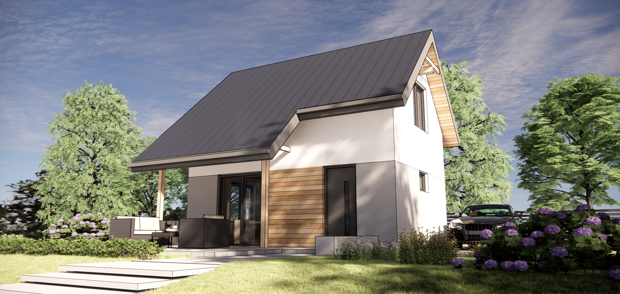 Wizualizacja nowoczesnego domu z dwuspadowym dachem, drewnianą elewacją i tarasem z meblami ogrodowymi, otoczonego zielenią i kwiatami.