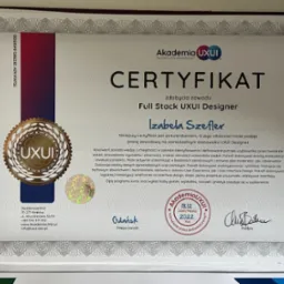 Certyfikat ukończenia kursu Full Stack UXUI Designer wydany przez Akademię UXUI dla Izabeli Szefler. Dokument oprawiony w ramkę, z hologramem i podpisem, potwierdzający wiedzę i umiejętności...
