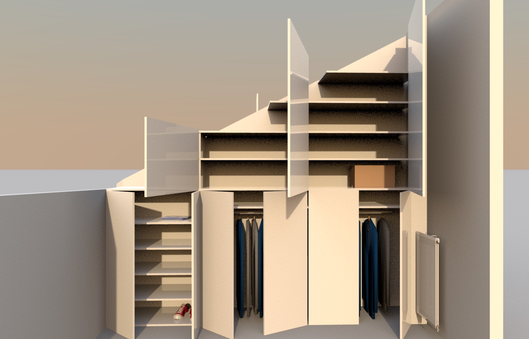 Wizualizacja szafy na wymiar pod schodami w Warszawie, z otwartymi drzwiami ukazującymi ubrania i półki z butami oraz pudełkiem.