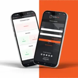 Ekrany dwóch smartfonów prezentują interfejs panelu klienta Tachoinfo, jeden z widokiem dashboardu z informacjami o kierowcach i pojazdach, drugi z formularzem logowania do strefy klienta,...