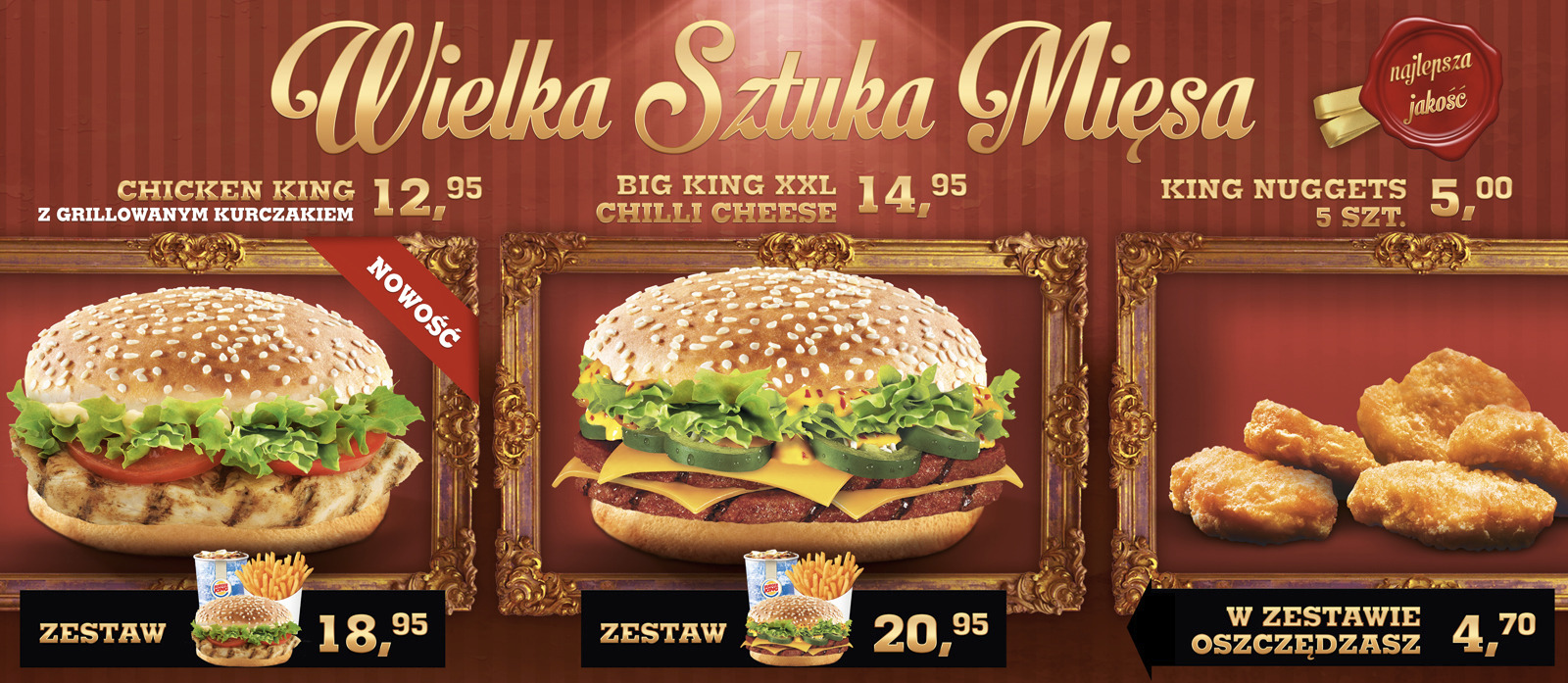 Plakat reklamowy Burger King z trzema ofertami: Chicken King, Big King XXL Chilli Cheese i King Nuggets, każda z ceną i opisem, w ozdobnych, złotych ramach na bordowym tle.