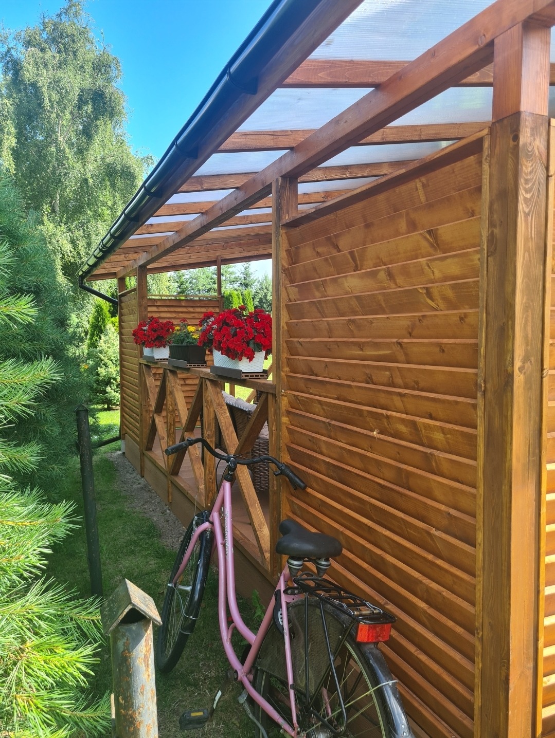 Drewniana altana z przezroczystym dachem, ozdobiona czerwonymi kwiatami w donicach, z różowym rowerem opartym o ścianę.