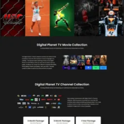 Strona internetowa serwisu streamingowego z planetą Saturn w tle, prezentująca kolekcję filmów, seriali i kanałów sportowych oraz pakiety subskrypcyjne.