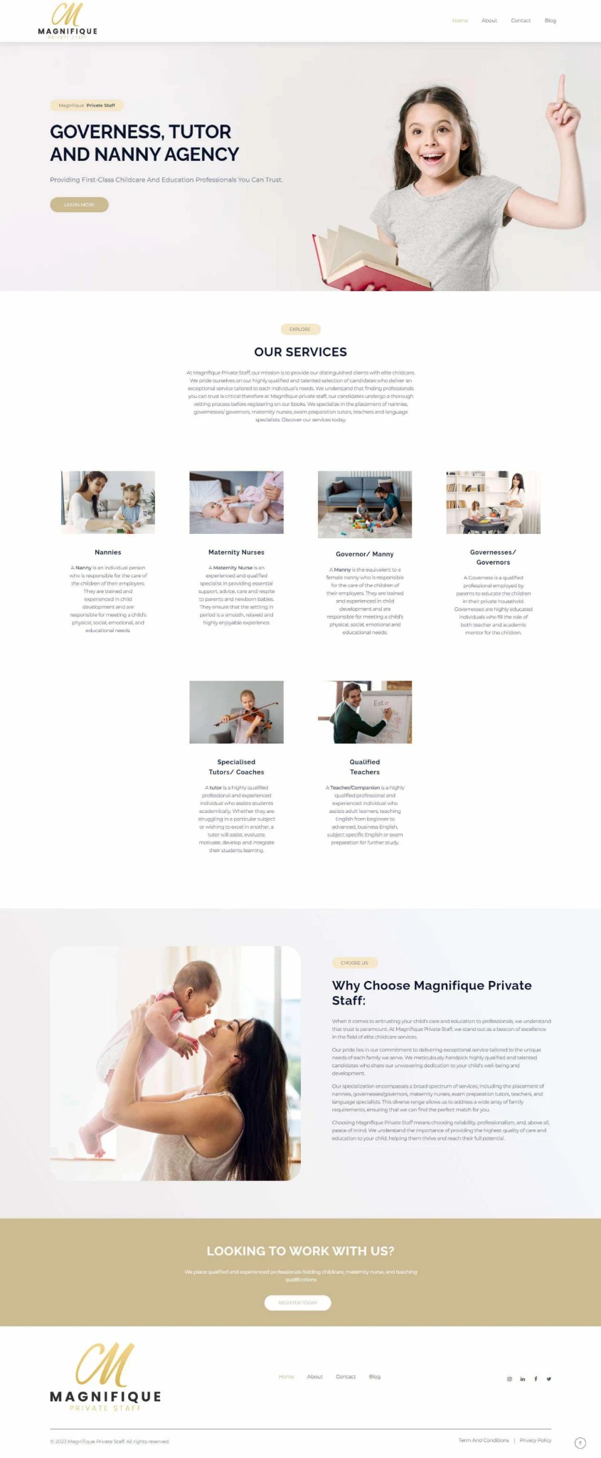 Strona internetowa agencji Magnifique Private Staff oferującej usługi guwernantek, korepetytorów i niań, z wizerunkiem uśmiechniętej dziewczynki z książką i podniesionym palcem.