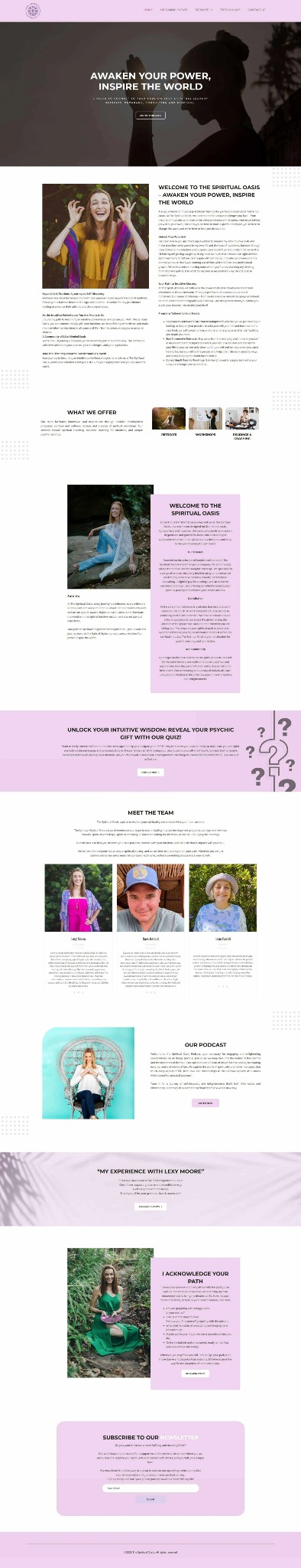 Projekt strony internetowej dla firmy oferującej usługi duchowe, z delikatną kolorystyką i zdjęciami zespołu oraz klientów w naturalnych sceneriach.