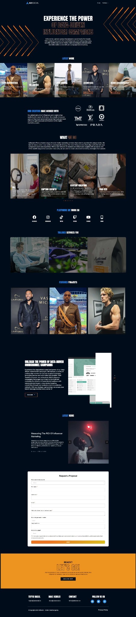 Strona internetowa agencji interaktywnej prezentująca portfolio influencerów, marki współpracujące, oferowane usługi, platformy społecznościowe, projekty i formularz kontaktowy.