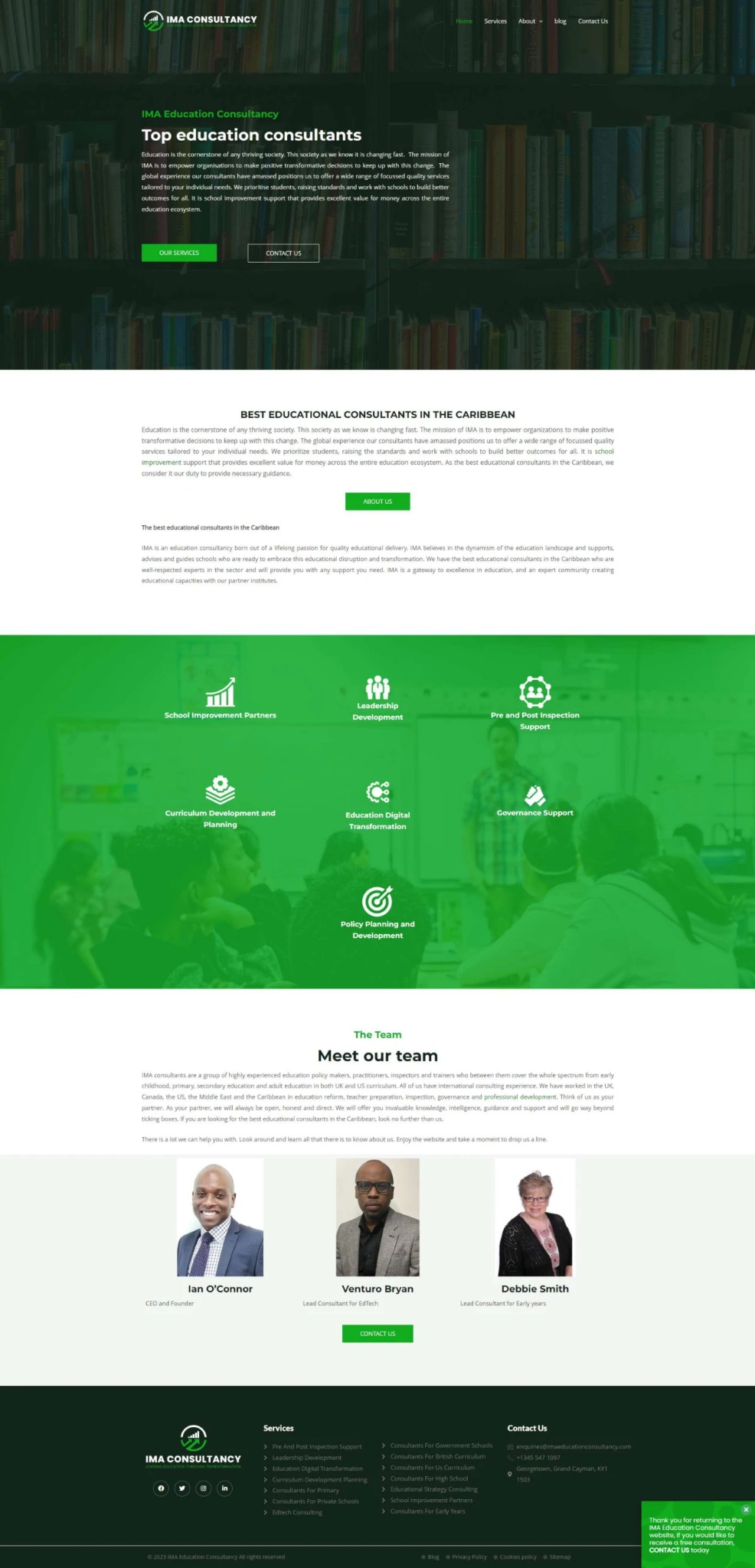 Strona internetowa firmy konsultingowej IMA Consultancy z nagłówkiem 'Top education consultants', prezentująca ofertę usług doradczych w edukacji oraz zespół ekspertów.