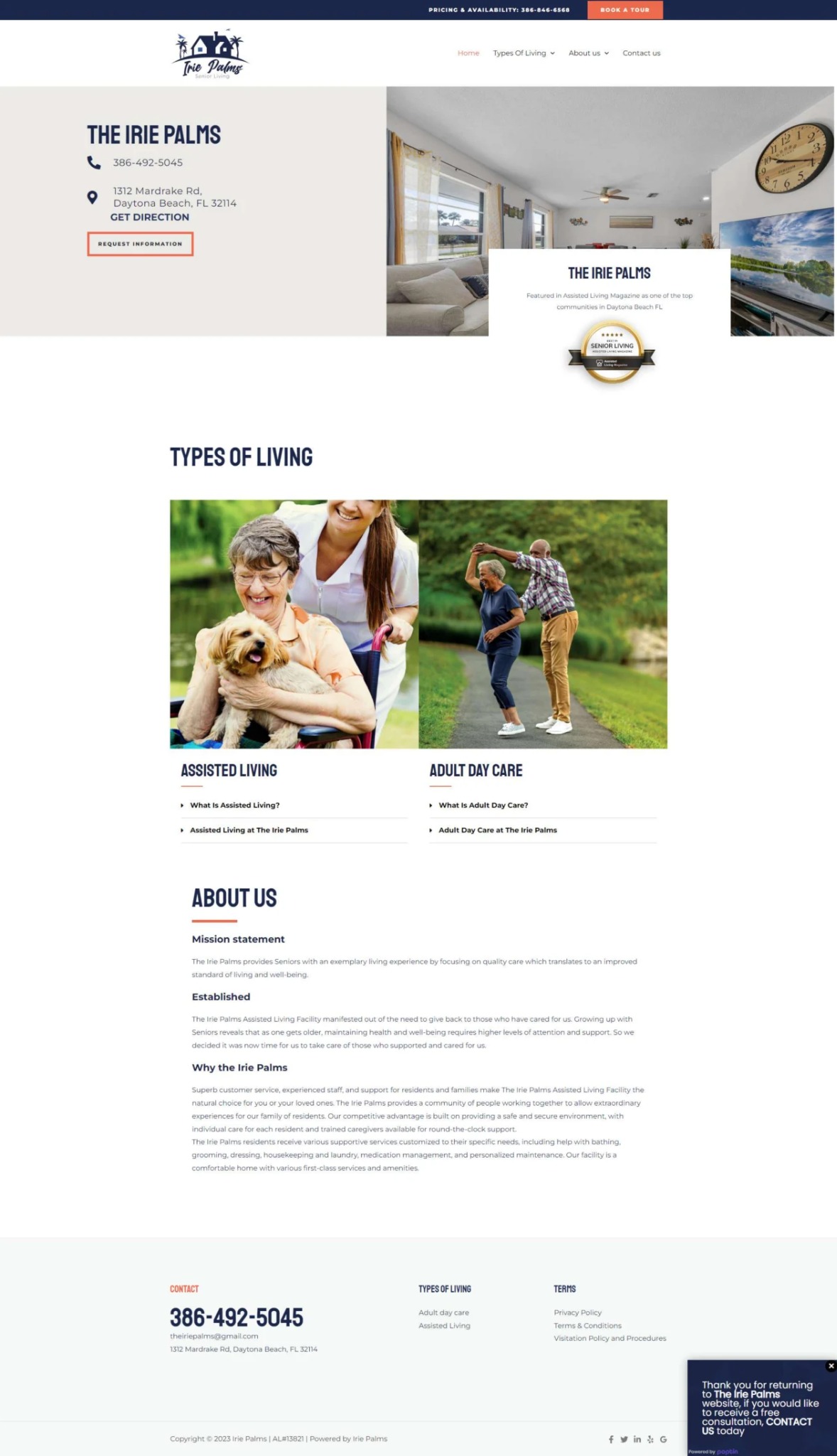 Strona internetowa domu opieki Irie Palms z informacjami o Assisted Living i Adult Day Care, prezentująca uśmiechniętą seniorkę z psem oraz parę seniorów tańczących na zewnątrz.