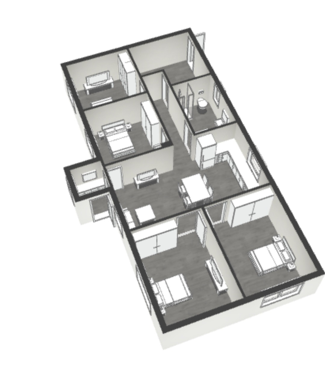 Model 3D rzutu mieszkania z wyposażeniem, widok z góry pod kątem, ukazujący układ pomieszczeń: sypialnie, salon, kuchnia, łazienka i korytarze.