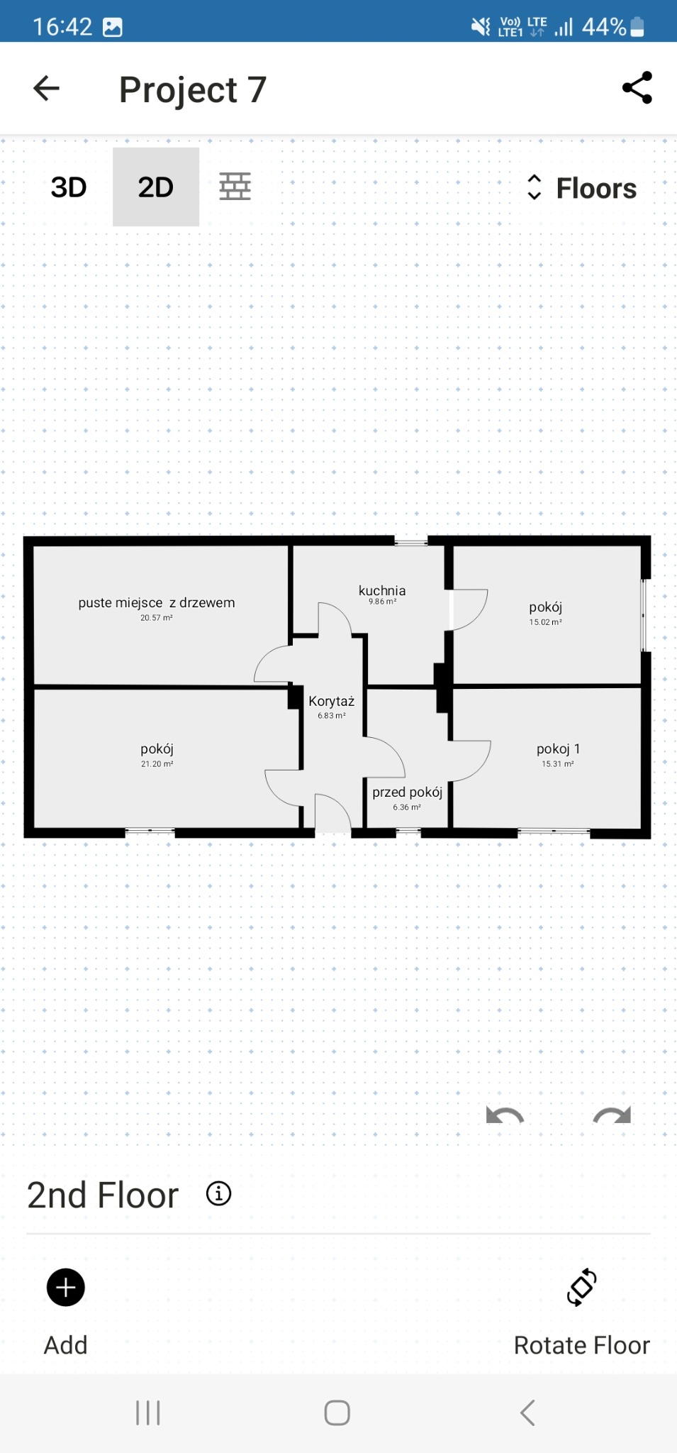 Rzut 2D mieszkania z podziałem na pomieszczenia: kuchnia, pokój, korytarz, przedpokój z podanymi metrażami każdego z nich, widok z góry.