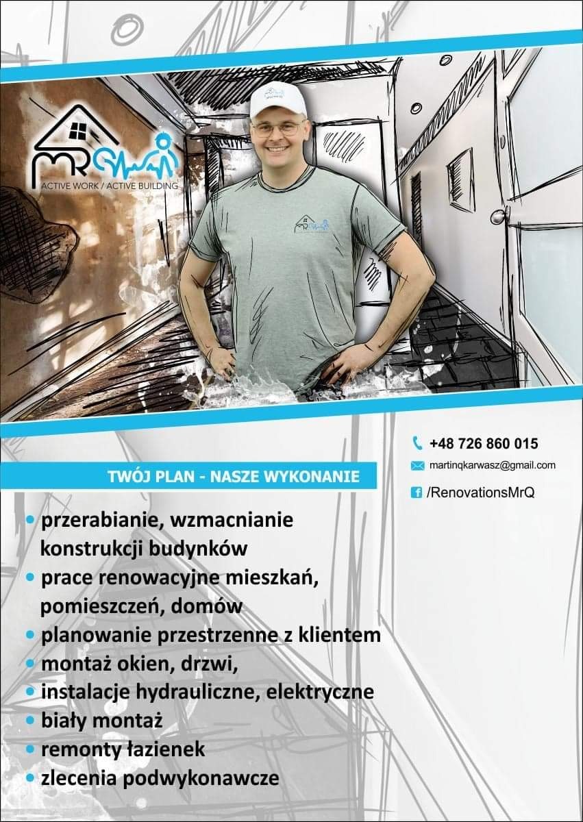 Grafika reklamowa firmy budowlanej: uśmiechnięty mężczyzna w koszulce z logo na tle szkicu wnętrza i listy usług remontowych.