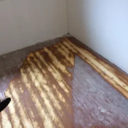 Fragment pokoju w trakcie renowacji podłogi drewnianej; widoczne deski podłogowe częściowo pokryte szlifowaną warstwą, z widocznymi śladami po cykliniarce.