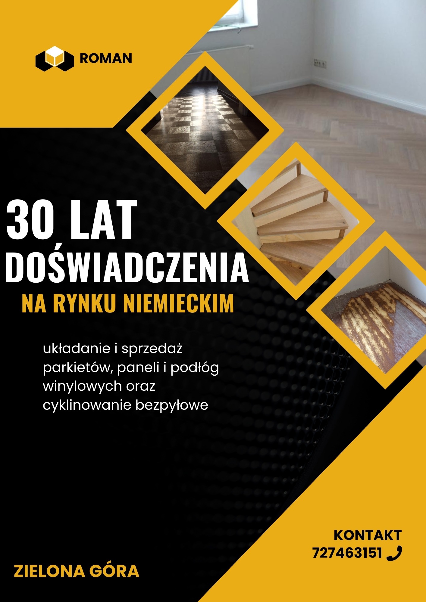 Grafika reklamowa firmy z Zielonej Góry oferującej układanie i sprzedaż parkietów, paneli i podłóg winylowych oraz cyklinowanie bezpyłowe, prezentująca zdjęcia realizacji: podłogi w szachownicę...