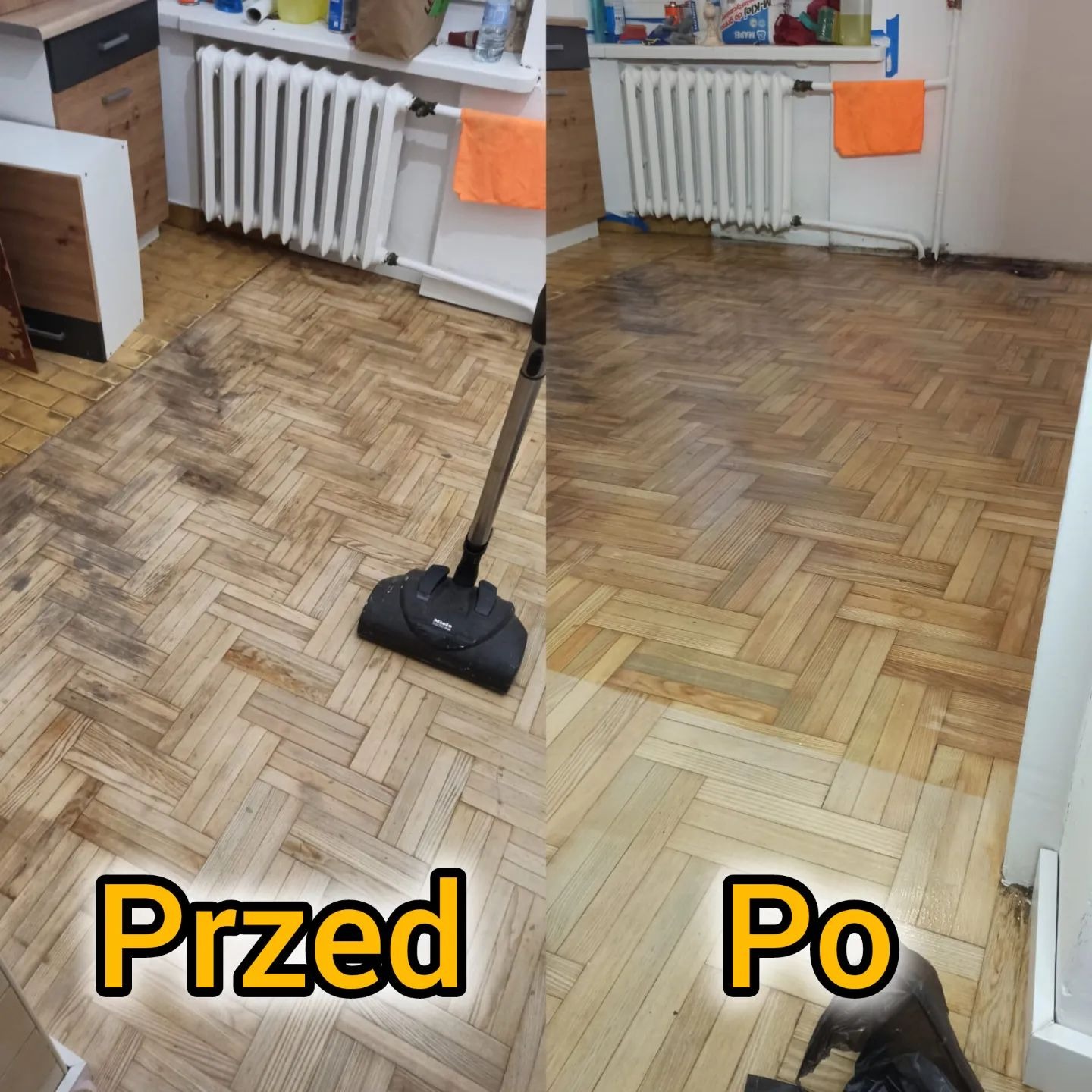Porównanie czyszczenia parkietu w jodełkę: widok przed i po użyciu odkurzacza piorącego Miele, z widocznymi zabrudzeniami przed i czystą powierzchnią po prawej stronie.