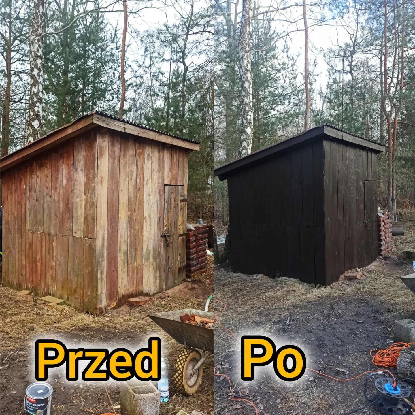 Zdjęcie porównawcze 'przed' i 'po' renowacji drewnianej szopy: po lewej surowe drewno, po prawej pomalowane na czarno, na tle leśnego krajobrazu.