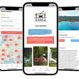 BARTOSZ WOJCIECHOWSKI LTD - Pięć smartfonów wyświetlających interfejs aplikacji iCamp.pl do wyszukiwania miejscówek campingowych, prezentujące różne funkcje: wyszukiwanie, mapę z lokalizacjami, szczegóły miejscówki i filtry...