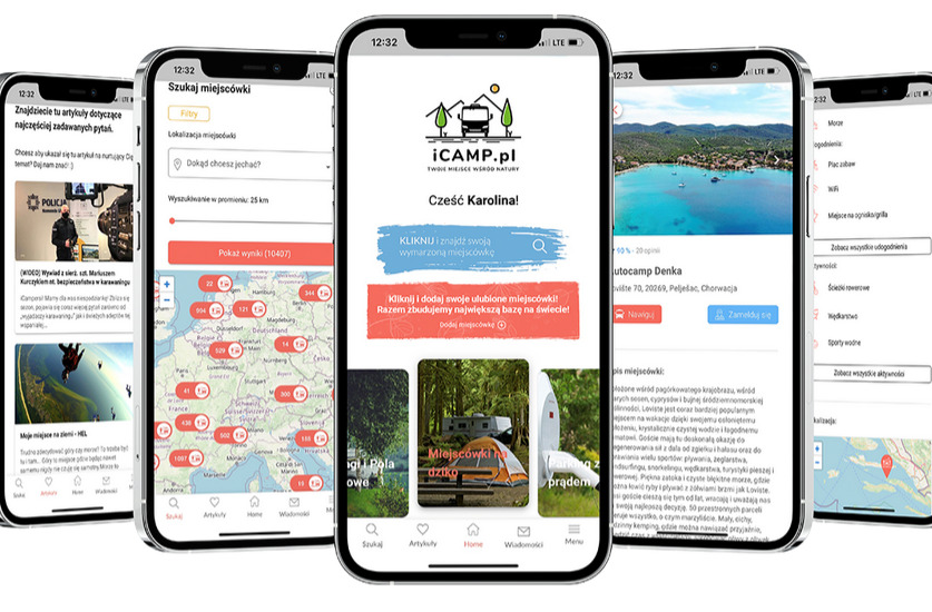 Pięć smartfonów wyświetlających interfejs aplikacji iCamp.pl do wyszukiwania miejscówek campingowych, prezentujące różne funkcje: wyszukiwanie, mapę z lokalizacjami, szczegóły miejscówki i filtry...