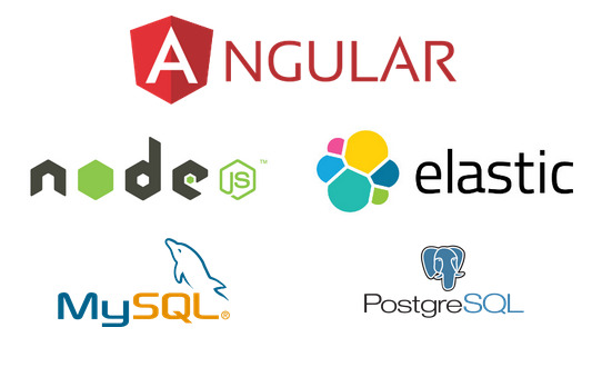 Zestaw logotypów popularnych technologii webowych i baz danych: Angular, Node.js, Elastic, MySQL, PostgreSQL.