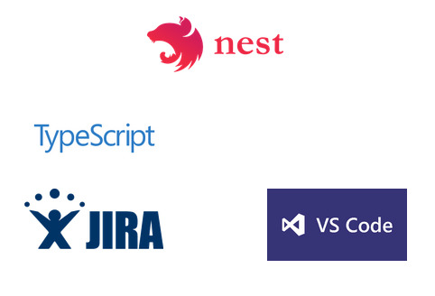 Kompilacja logo popularnych technologii i narzędzi programistycznych: NestJS, TypeScript, Jira, VS Code.