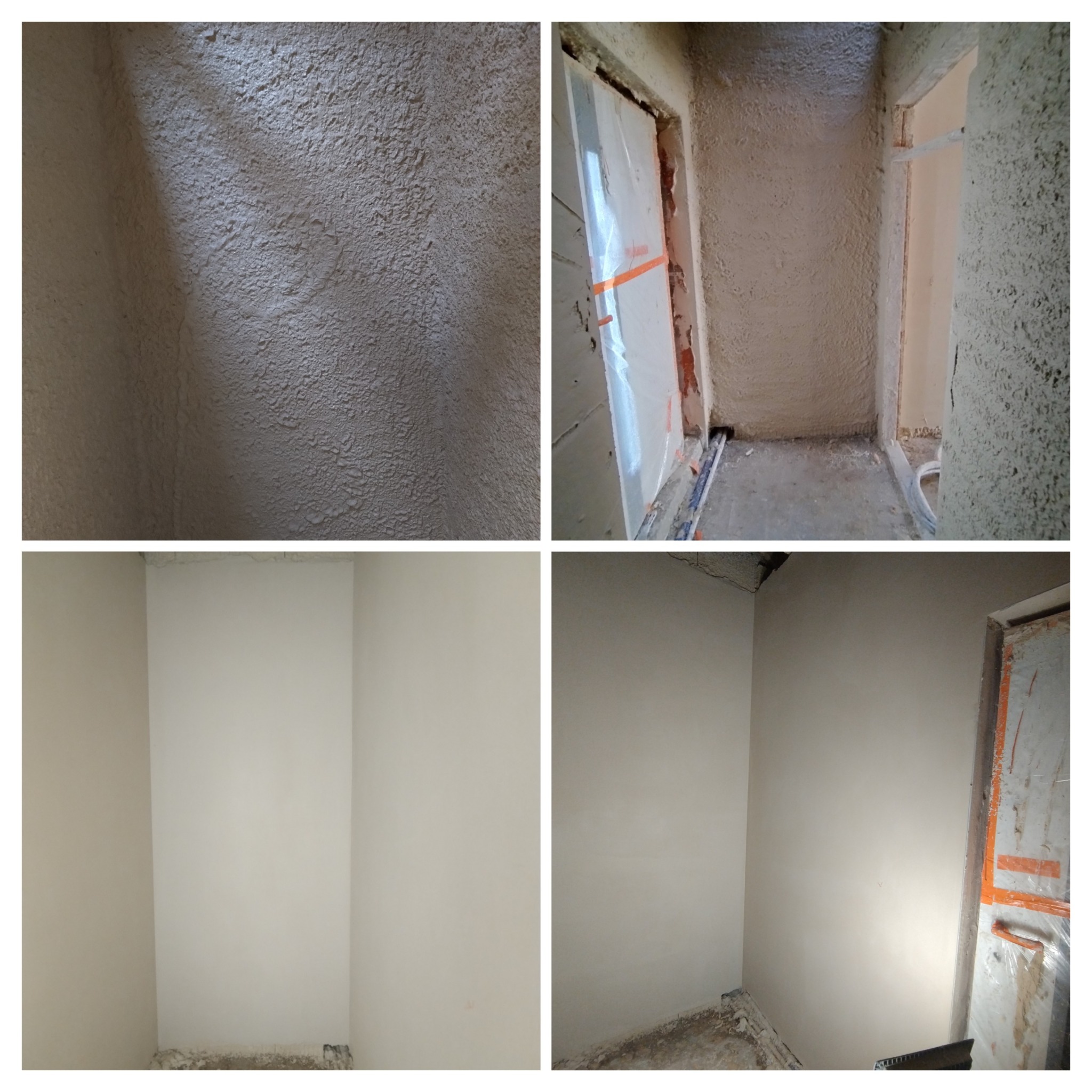 Cztery ujęcia ścian w trakcie wykańczania: surowy tynk z fakturą, ściana z folią zabezpieczającą ościeżnicę, gładka, pomalowana ściana w rogu pomieszczenia oraz ściana po gładziowaniu, gotowa...
