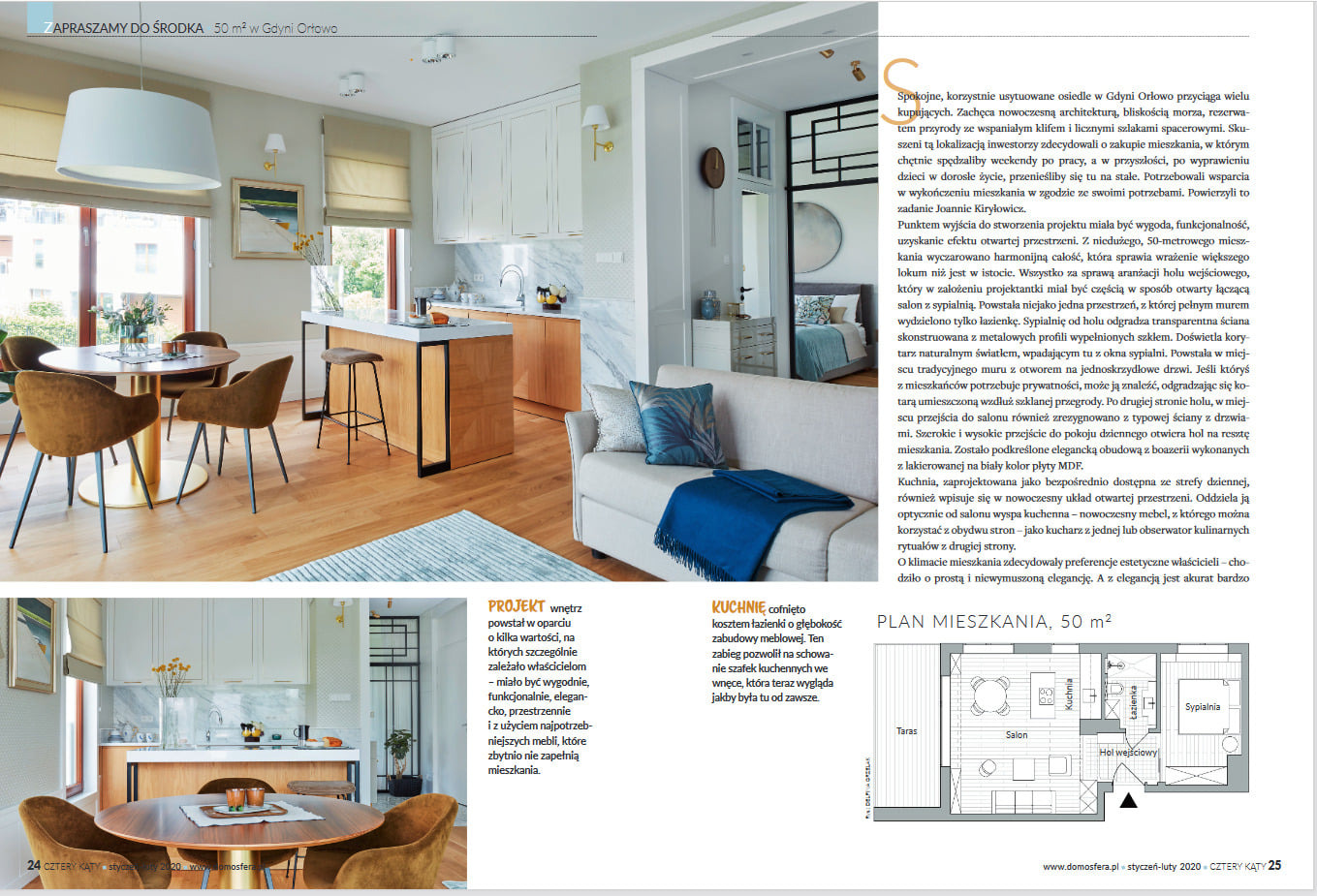 Nowoczesna kuchnia z wyspą z drewnianymi frontami i białym blatem, widok na stół z krzesłami i salon w tle, jasne wnętrze.