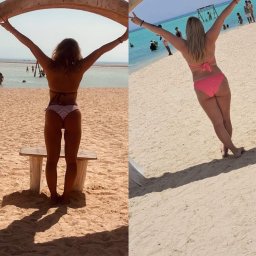 Twój Ulubiony Trener Łukasz Waś - Kolaż przedstawia dwie kobiety na plaży w bikini, z podpisem 'Pierwsze małe zmiany. Lecimy dalej'. Po lewej stronie kobieta stoi tyłem na tle piasku i morza, po prawej stoi bokiem na tle turkusowej...