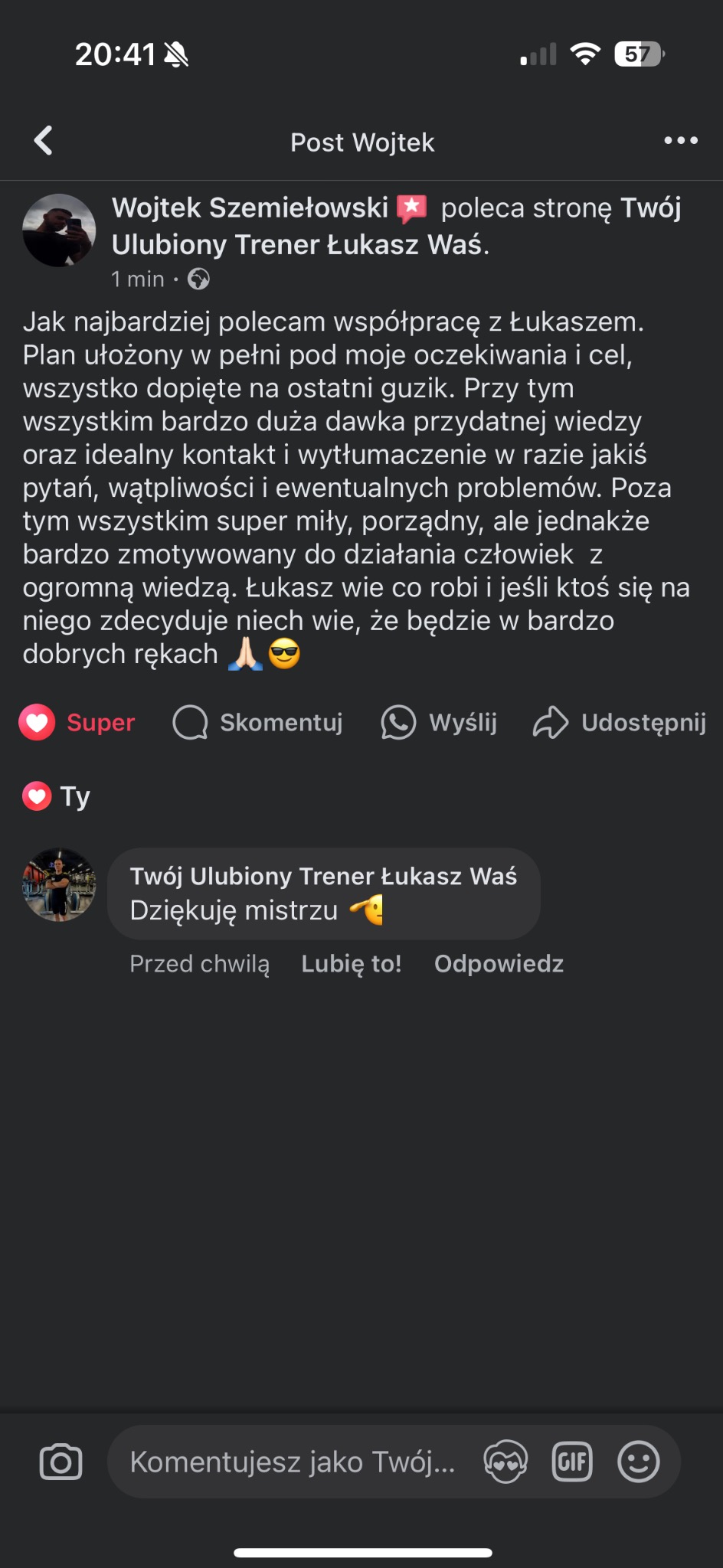 Zrzut ekranu z Facebooka przedstawiający rekomendację trenera Łukasza Waś przez Wojtka Szemiełowskiego, z podkreśleniem jego profesjonalizmu i wiedzy.