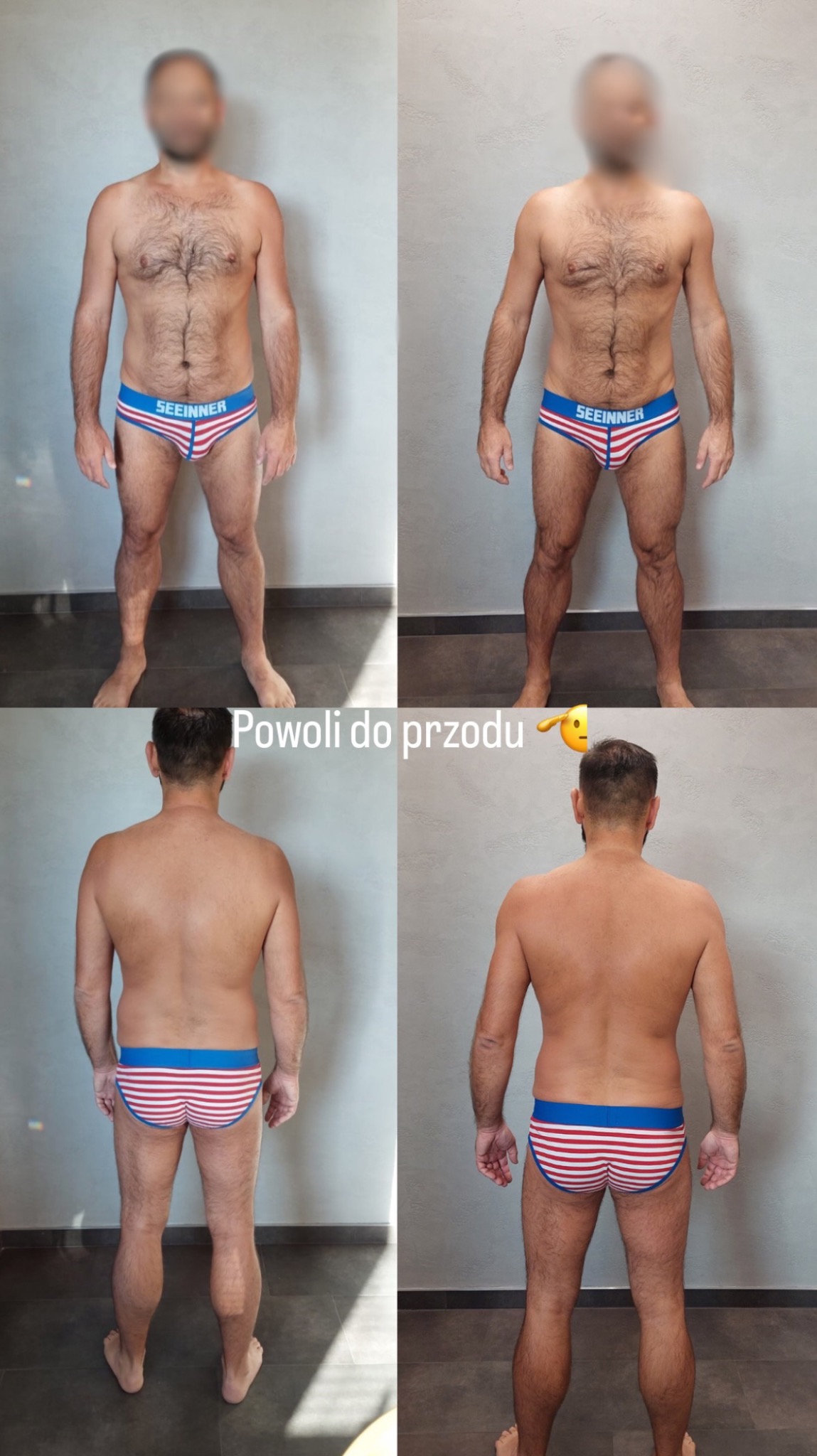 Mężczyzna w slipach w paski prezentujący transformację sylwetki: widok z przodu i z tyłu, przed i po treningu.