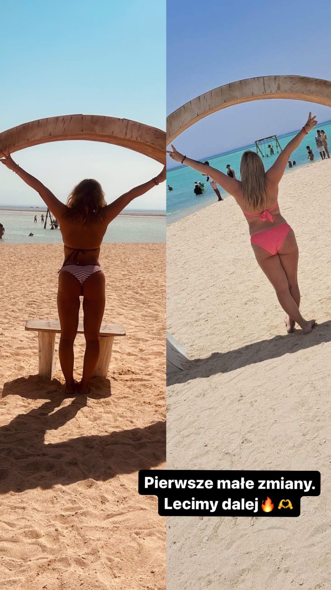 Kolaż przedstawia dwie kobiety na plaży w bikini, z podpisem 'Pierwsze małe zmiany. Lecimy dalej'. Po lewej stronie kobieta stoi tyłem na tle piasku i morza, po prawej stoi bokiem na tle turkusowej...