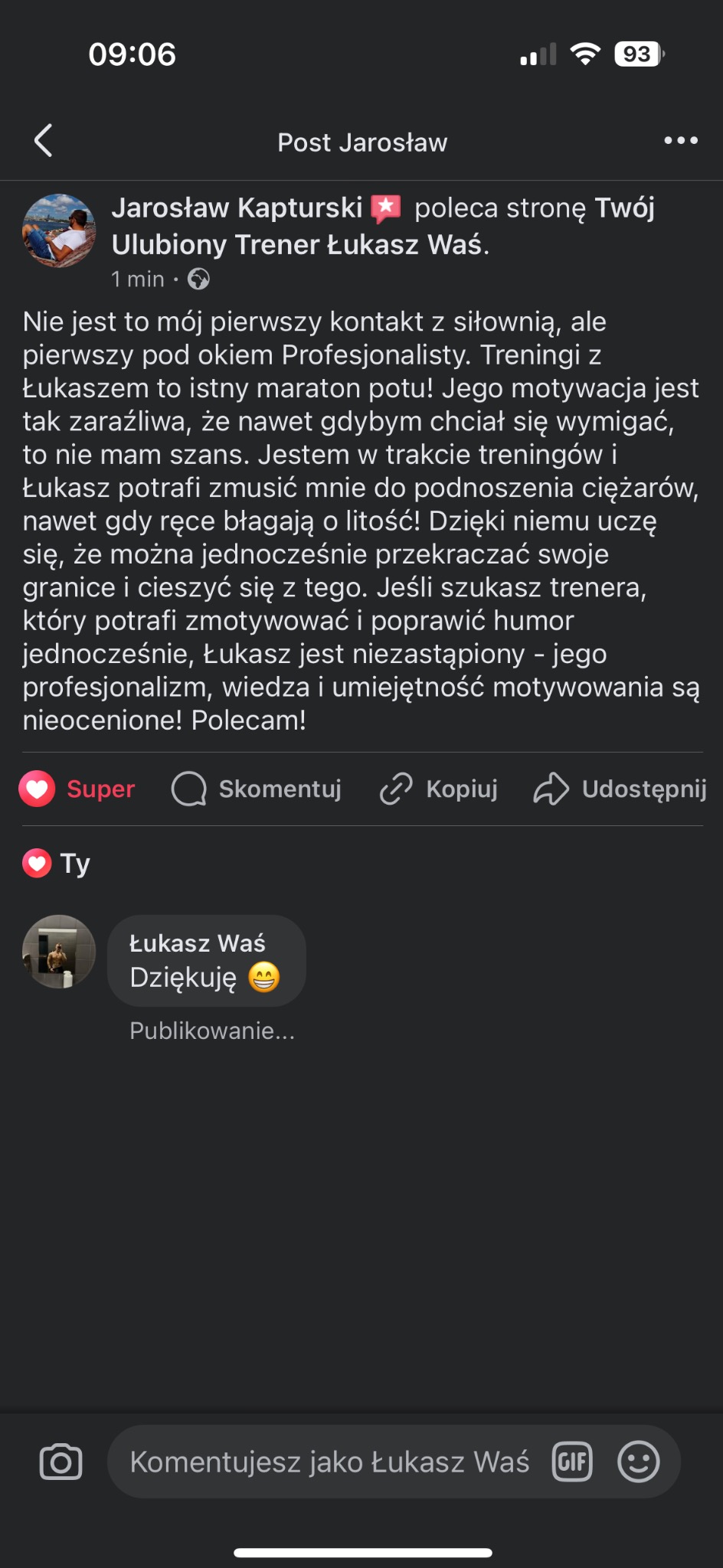Zrzut ekranu z Facebooka: Jarosław Kapturski poleca trenera Łukasza Waś, chwaląc jego profesjonalizm i motywację podczas treningów.