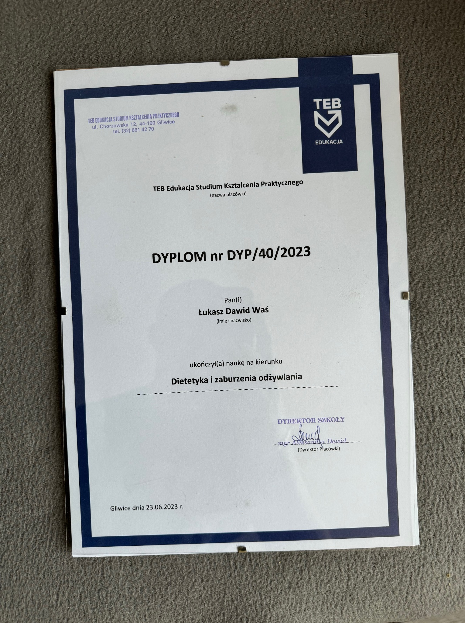 Dyplom TEB Edukacja Studium Kształcenia Praktycznego z ukończenia kierunku Dietetyka i zaburzenia odżywiania, numer DYP/40/2023, wydany dla Łukasza Dawida Waś w Gliwicach dnia 23.06.2023.