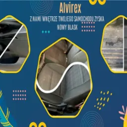 Grafika reklamowa prezentująca efekt czyszczenia wnętrza samochodu: tapicerka drzwi, siedzenia i pr&oacute;g bagażnika przed i po zabiegu, z logo firmy Alvirex i hasłem 'Z nami wnętrze Twojego samochodu...