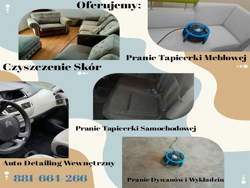 Kompozycja zdjęć prezentująca usługi czyszczenia: narożnik, sprzęt do czyszczenia tapicerki meblowej, wnętrze samochodu oraz dywan z urządzeniem czyszczącym, numer telefonu kontaktowego.
