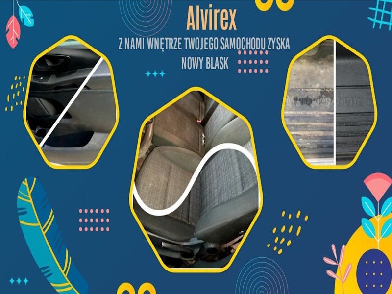Grafika reklamowa prezentująca efekt czyszczenia wnętrza samochodu: tapicerka drzwi, siedzenia i próg bagażnika przed i po zabiegu, z logo firmy Alvirex i hasłem 'Z nami wnętrze Twojego samochodu...