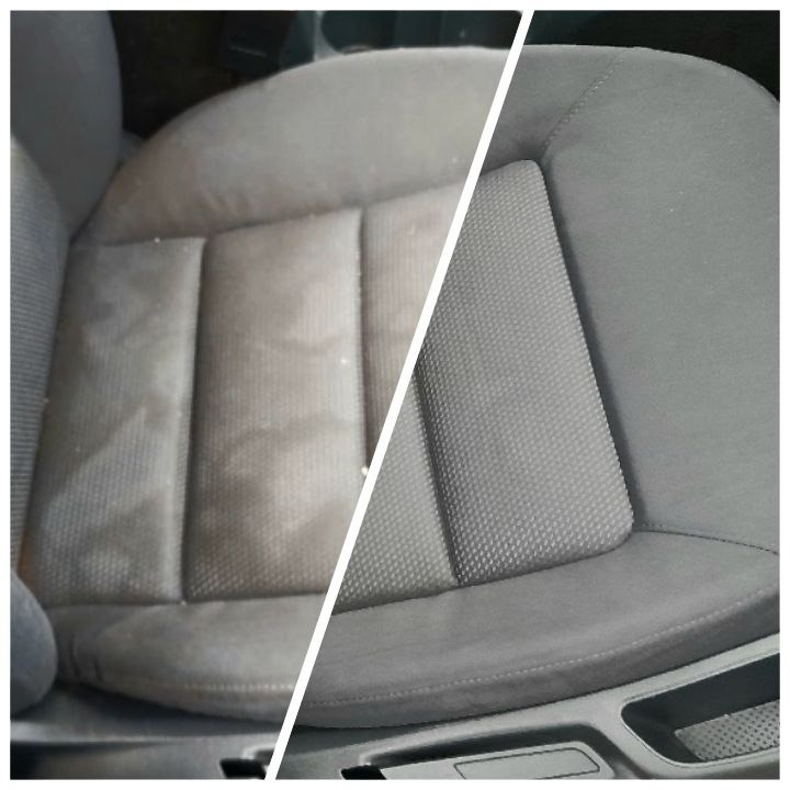 Tapicerka fotela samochodowego podzielona na dwie części: po lewej stronie widoczna wyraźnie zabrudzona powierzchnia, po prawej - po czyszczeniu, odświeżona i czysta.