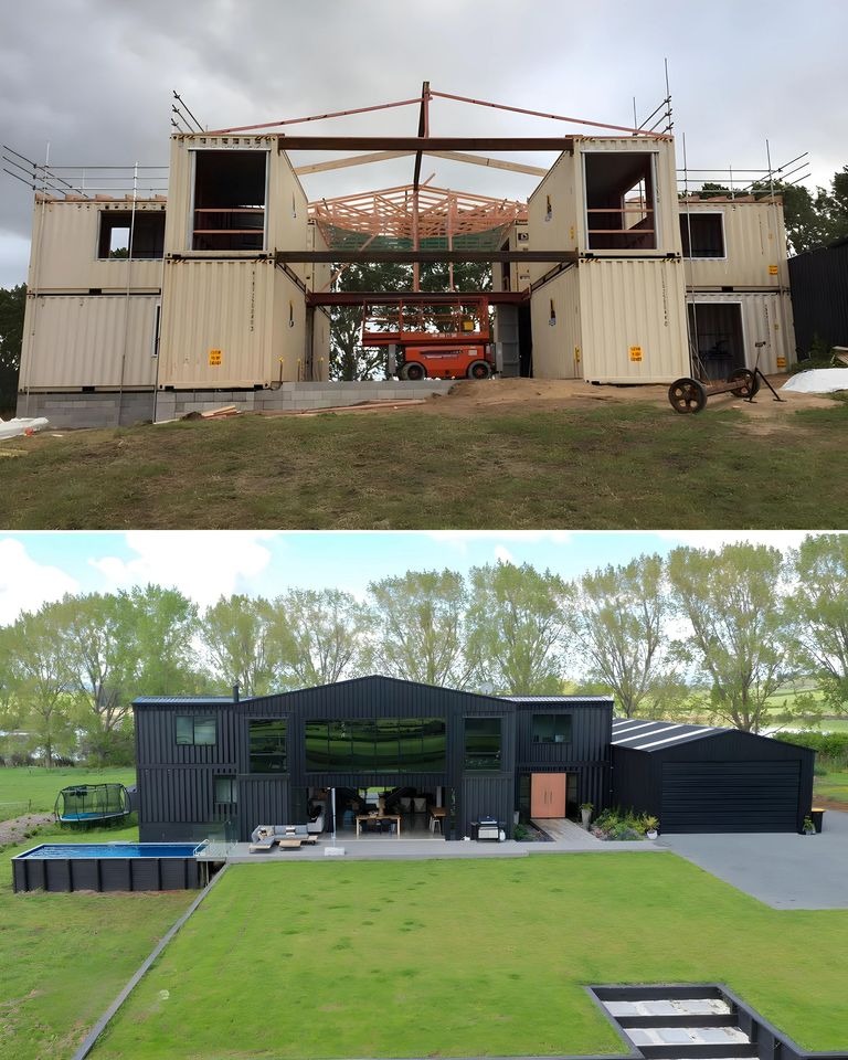 Dwuetapowe ujęcie domu z kontenerów: surowa konstrukcja z dźwigiem w środku na górze i gotowy, pomalowany na czarno dom z basenem i ogrodem na dole.