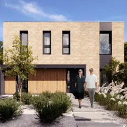 Nowoczesny dom jednorodzinny z elewacją z jasnej cegły, z parą spacerującą po betonowym chodniku, otoczony zielenią i drzewami, z widocznym samochodem na podjeździe.