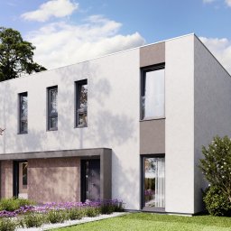 Prenovi Sp. z o. o. - Dwukondygnacyjny, nowoczesny dom o prostej bryle, z białymi ścianami, szarymi akcentami i dużymi oknami, otoczony kwitnącymi drzewami i zadbanym trawnikiem, z widocznym fragmentem sportowego...