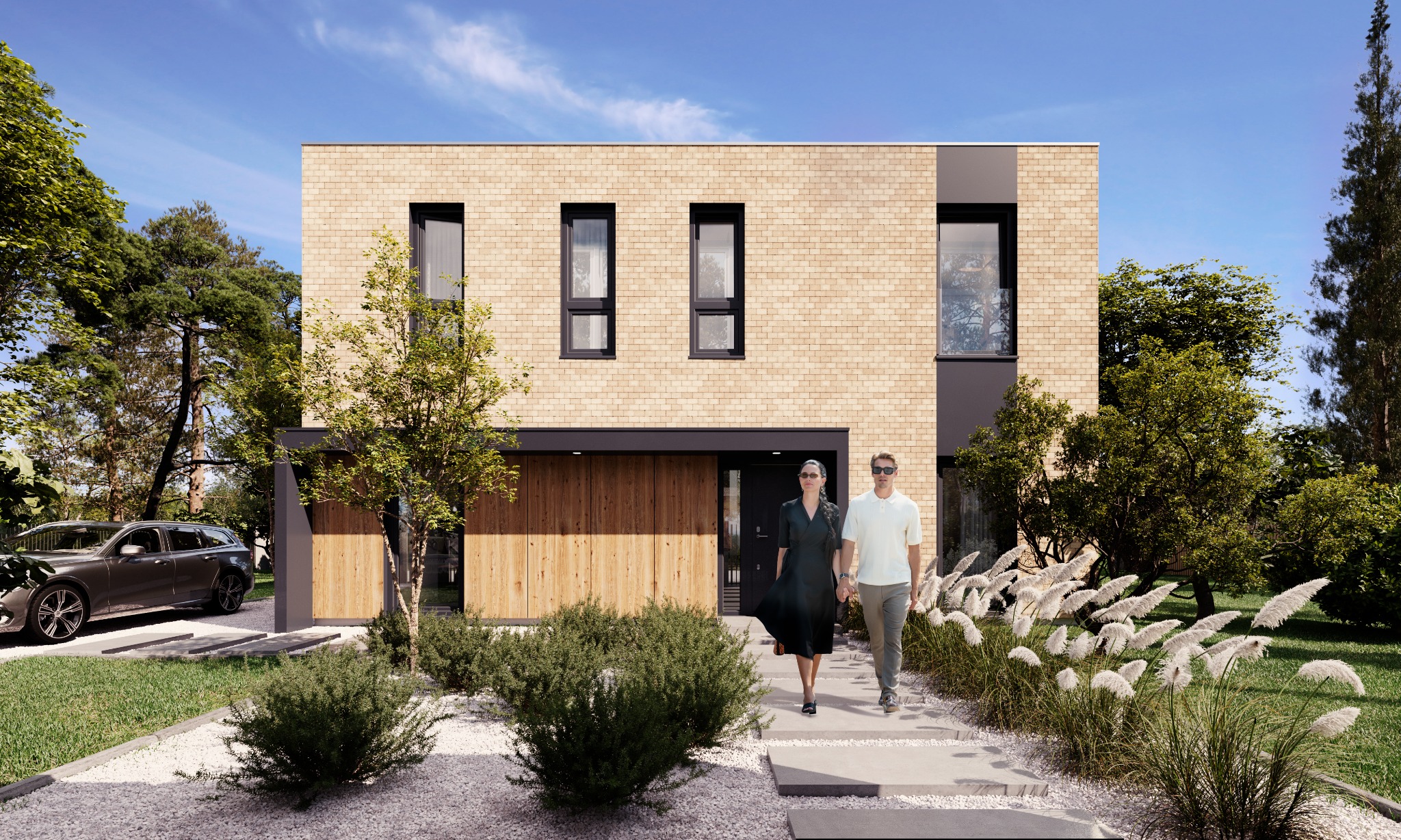 Nowoczesny dom jednorodzinny z elewacją z jasnej cegły, z parą spacerującą po betonowym chodniku, otoczony zielenią i drzewami, z widocznym samochodem na podjeździe.