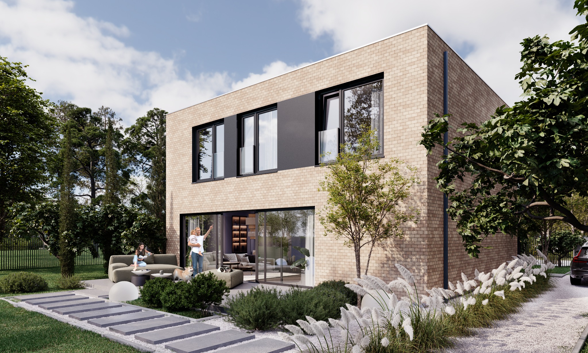 Nowoczesny dom modułowy z jasnej cegły z dużymi oknami, tarasem, wypoczywającymi osobami i zadbanym ogrodem.