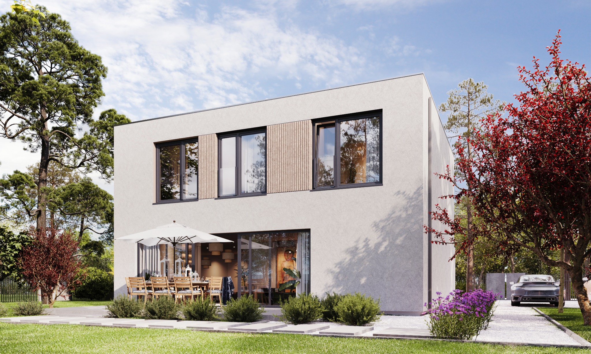 Nowoczesny, dwukondygnacyjny dom z płaskim dachem, jasną elewacją i dużymi oknami z drewnianymi panelami. Widoczny taras z meblami ogrodowymi pod białym parasolem, zadbany trawnik, kwitnące...